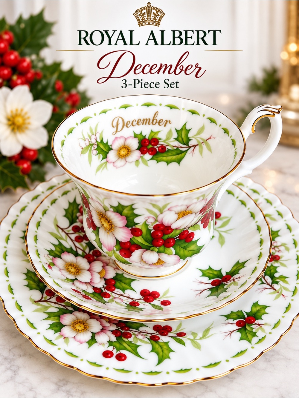 Royal Albert | December| 3-Piece Tea Cup Set